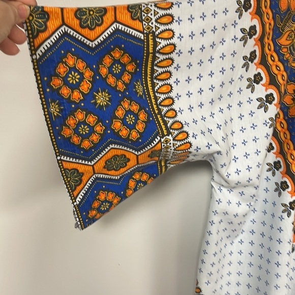 Bajan Women's XL top/blouse colorful orange & Blue designs, V neck, cotton - Picture 4 of 10